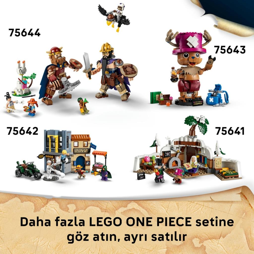 Figürler ve küçük sahneler içeren dört farklı LEGO One Piece seti.