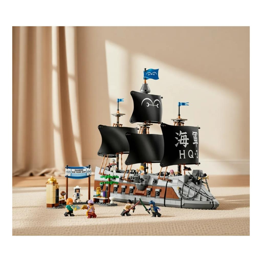 Halı üzerinde siyah yelkenli ve figürlü Lego korsan gemisi.