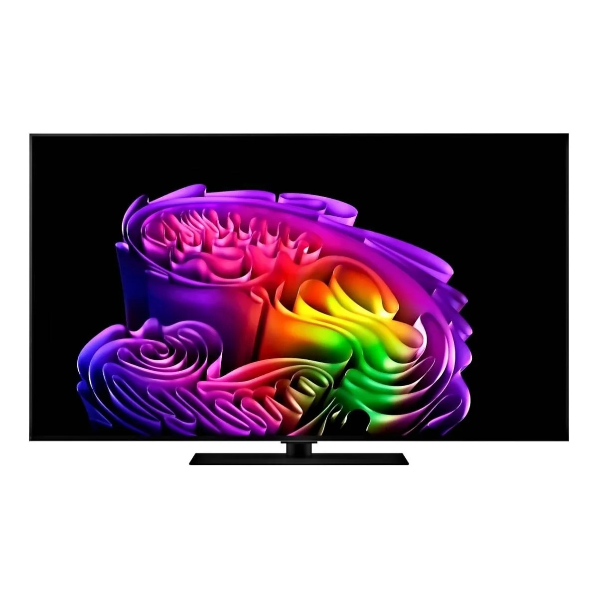 Un televisor muestra un patrón colorido, abstracto y arremolinado sobre un fondo negro sólido.