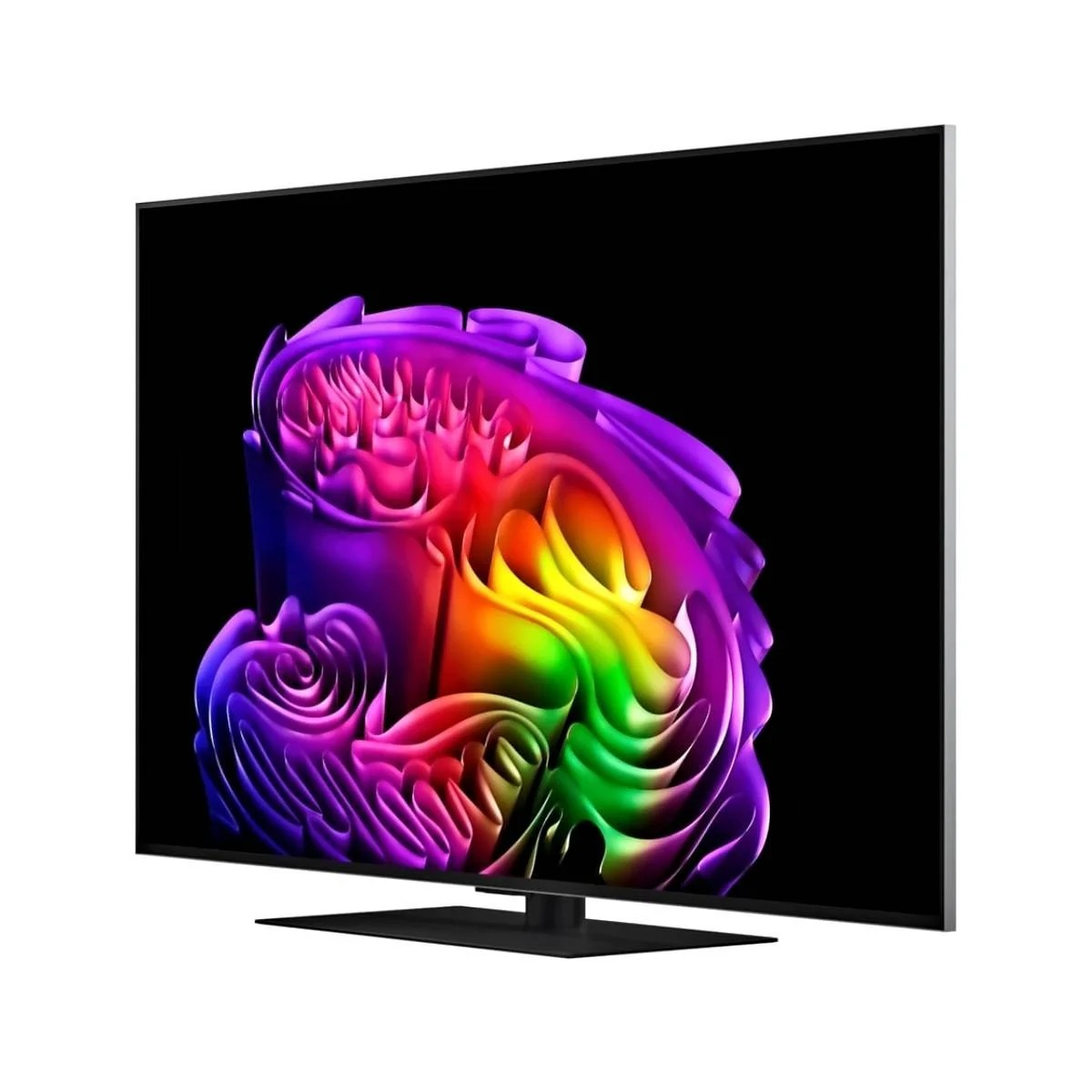 Un televisor de pantalla plana moderno en un soporte muestra un patrón de color abstracto y colorido.