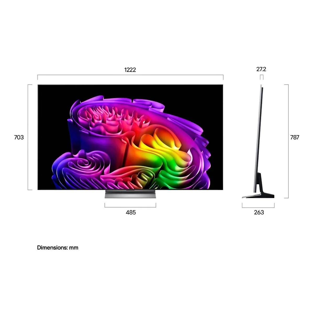 Vista frontal y lateral de un televisor con dimensiones precisas en milímetros sobre fondo blanco.