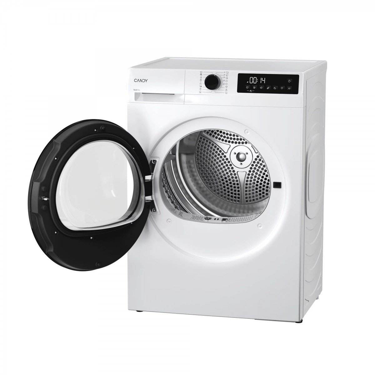 Un'asciugatrice bianca Candy con sportello nero aperto, display digitale e cestello in acciaio inox su sfondo bianco.
