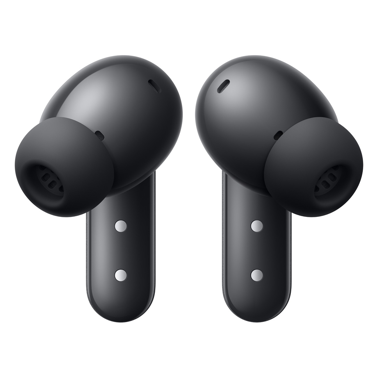 Due auricolari wireless neri con punte in silicone su sfondo bianco.