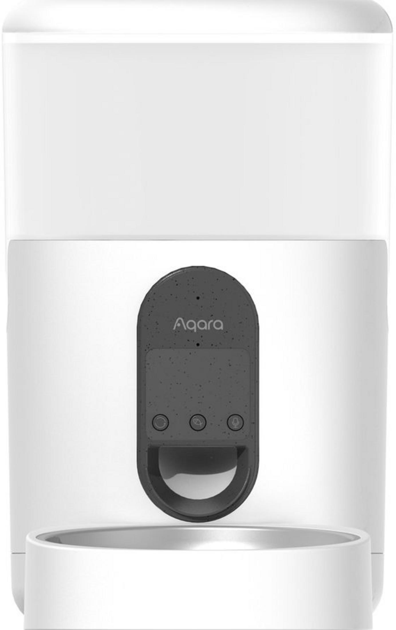 Distributore automatico bianco Aqara con pannello di controllo grigio scuro e ciotola.