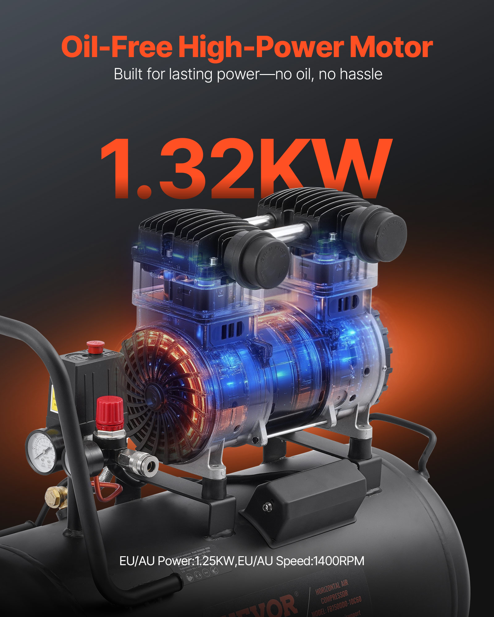 Motor compresor de 1.32KW sin aceite con efecto brillante azul en tanque negro.