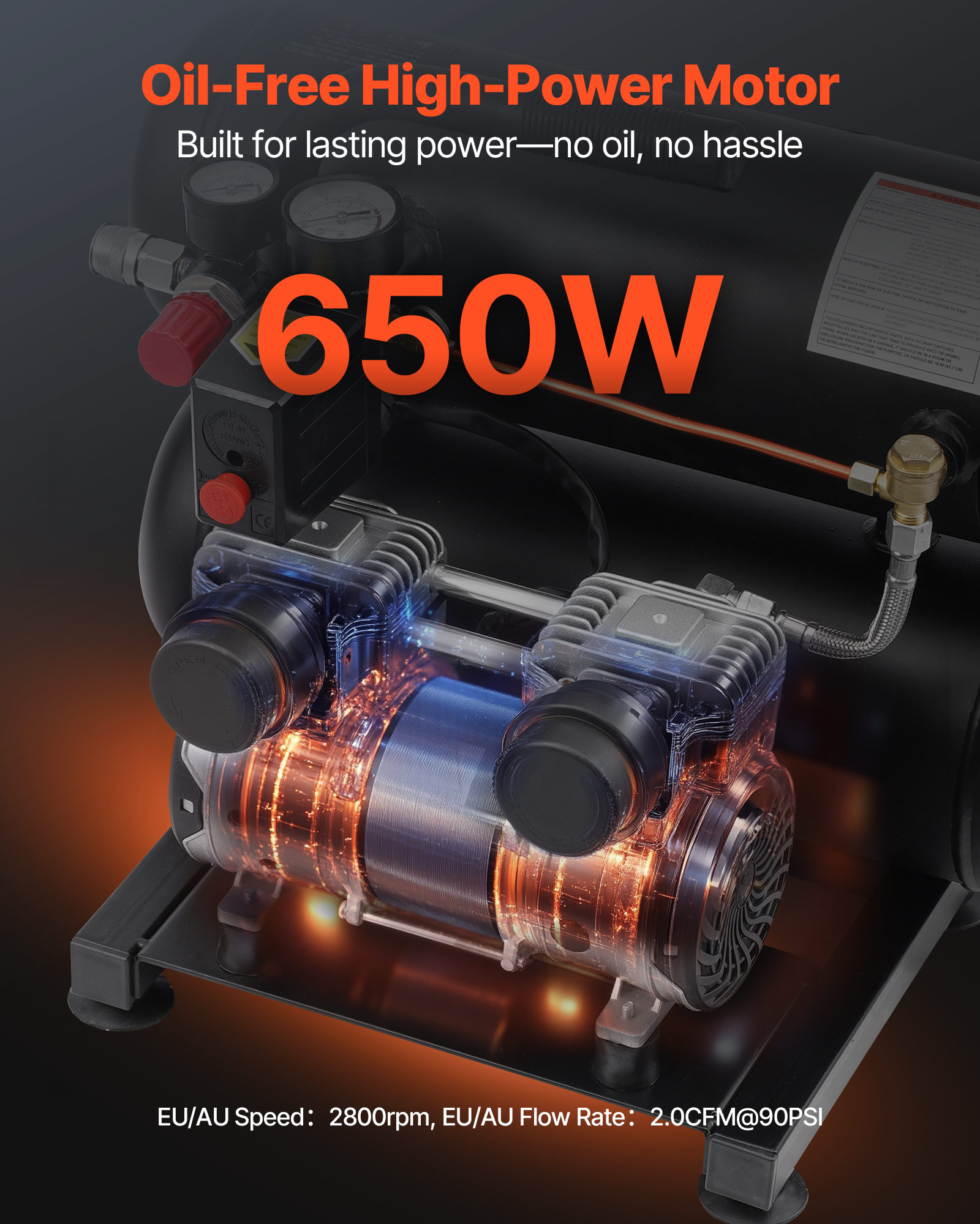 Motor de alta potencia de 650W sin aceite con doble cilindro y manómetros.