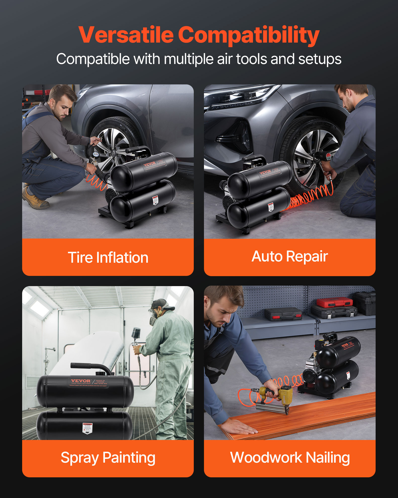 Un compresor de aire de doble tanque negro usado para inflar neumáticos, reparación de autos y más.
