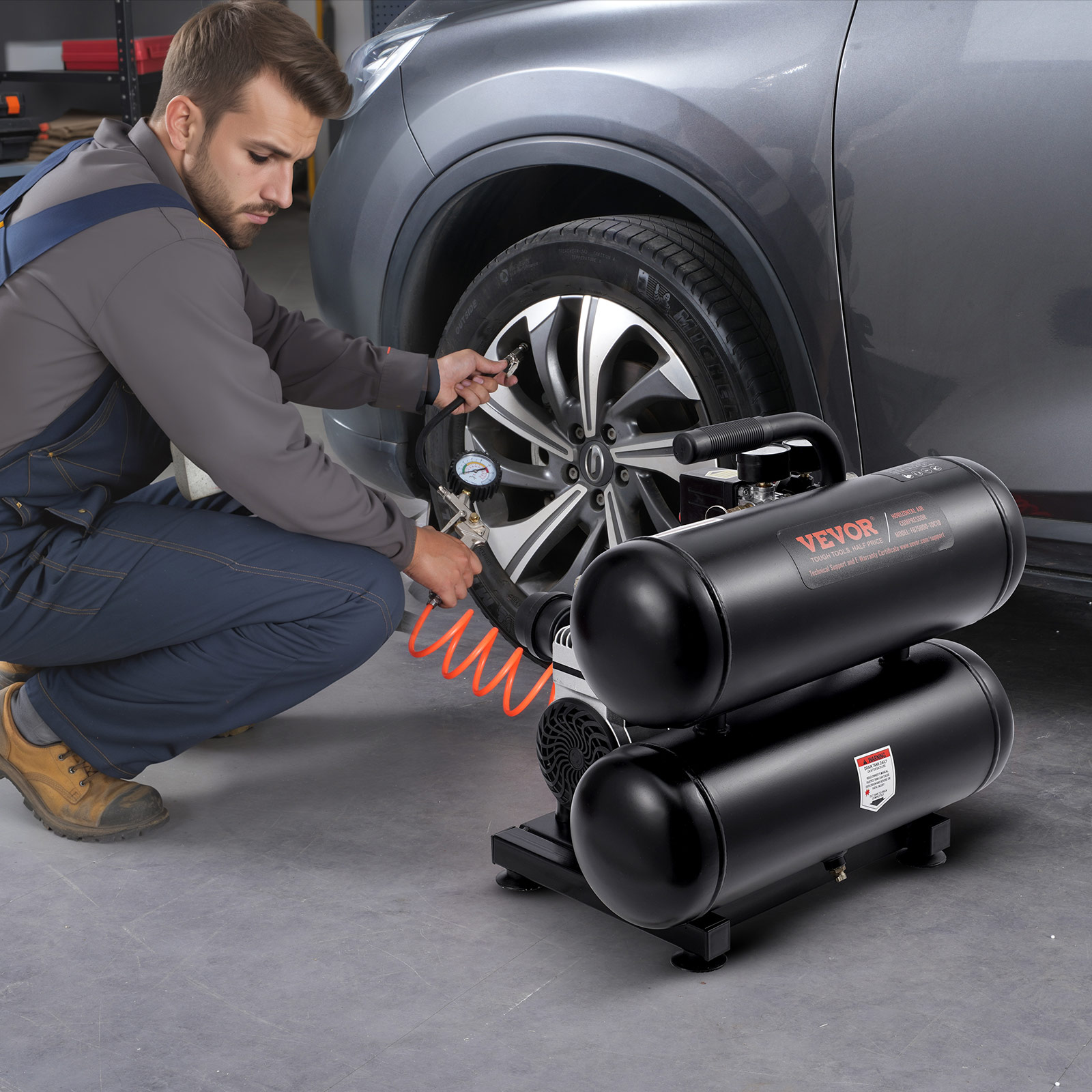 Mecánico infla neumático de coche con compresor negro Vevor.