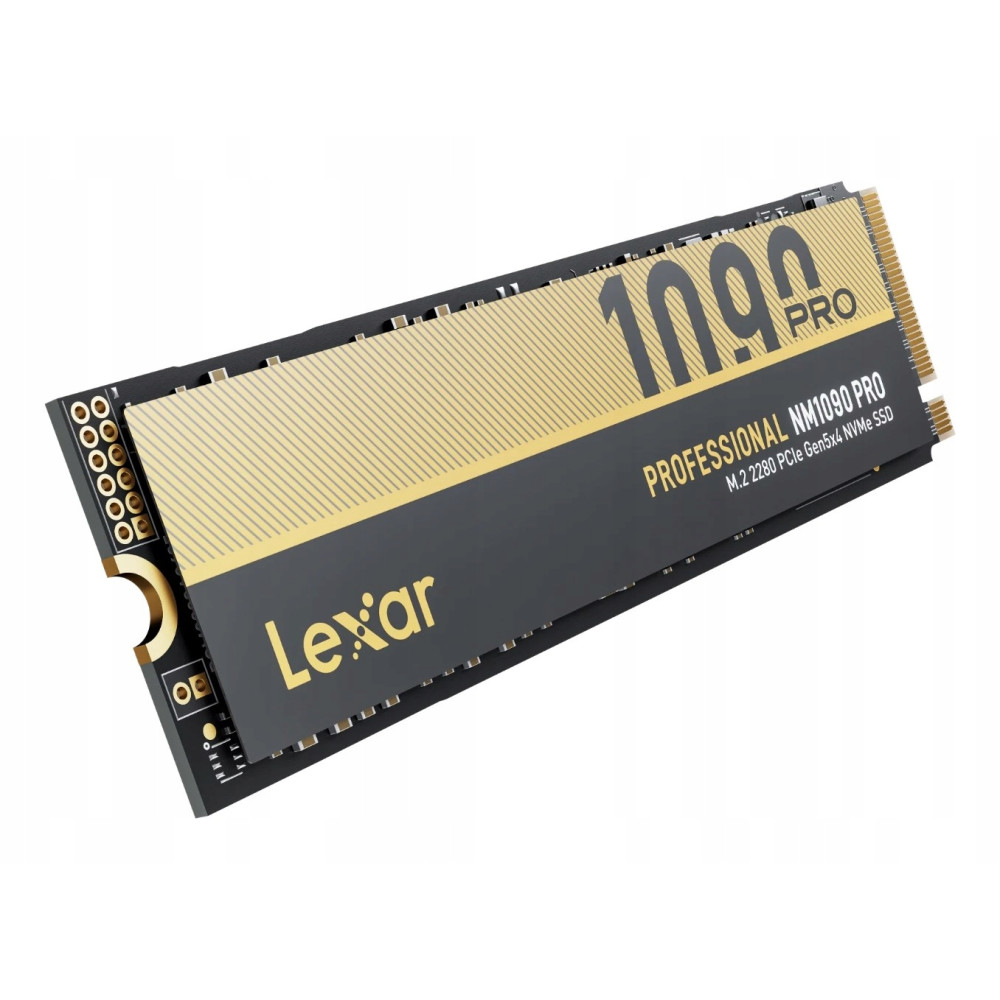 SSD Lexar NM1090 PRO M.2 2280 PCIe Gen5x4 NVMe en negro y dorado sobre fondo blanco.