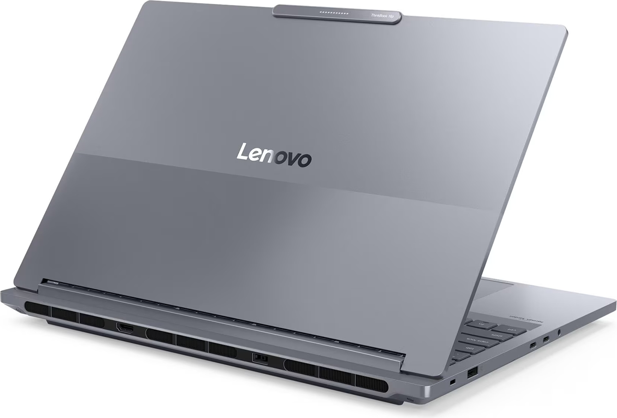 Beyaz arka plan üzerinde gri bir Lenovo dizüstü bilgisayar, açık ekranın arkasında Lenovo logosu görünüyor.