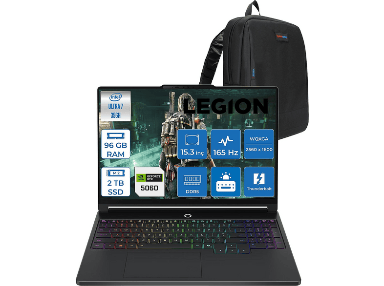 LENOVO Legion 5 DDR5 8 GB/RTX5060/115W L15IAX107F45 Intel Core Ultra 7 356H 96 GB RAM 2 TB SSD 15,3 inç FreeDOS Laptop+Çanta Eclipse Siyah