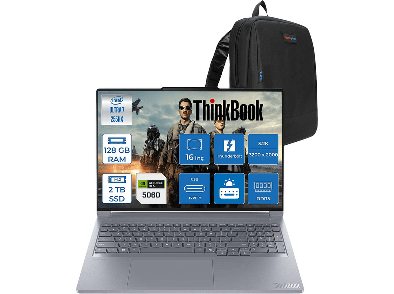LENOVO ThinkBook 16P Gen 6 RTX5060 21R0004BTXF53 Intel Core Ultra 7 255HX 128 GB RAM 2 TB SSD 16 inç FreeDOS Laptop+Çanta Luna Gri
