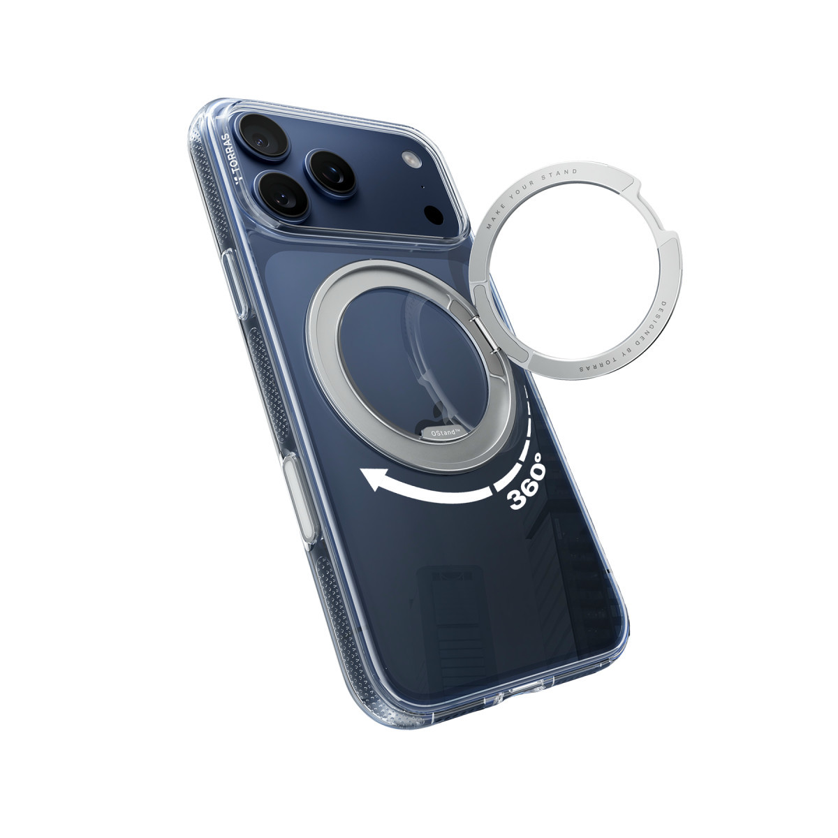 Arkada entegre, 360 derece dönebilen gümüş halka standlı mavi akıllı telefon kılıfı.