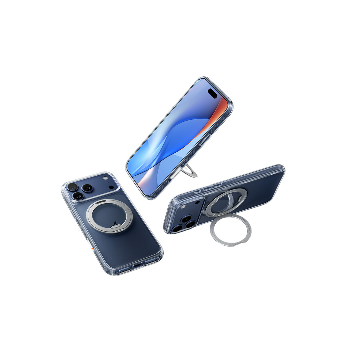 Beyaz arka planda gümüş halka standlı şeffaf kılıf içindeki akıllı telefonun üç farklı görünümü.