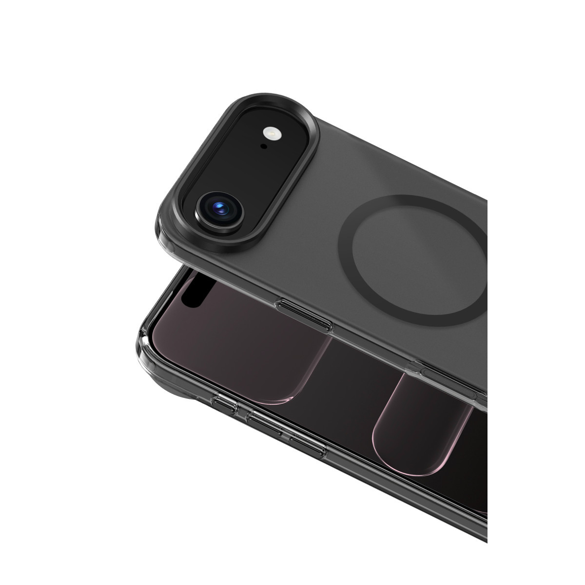 Kamera kesikli ve arkasında manyetik şarj halkası olan koyu renkli koruyucu kılıf içindeki akıllı telefon.