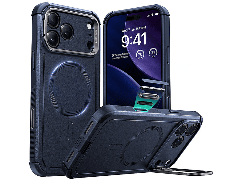 ESR Apple iPhone 17 Pro Uyumlu Cyber Tough Magsafe Stantlı Kapak Telefon Kılıfı Lacivert