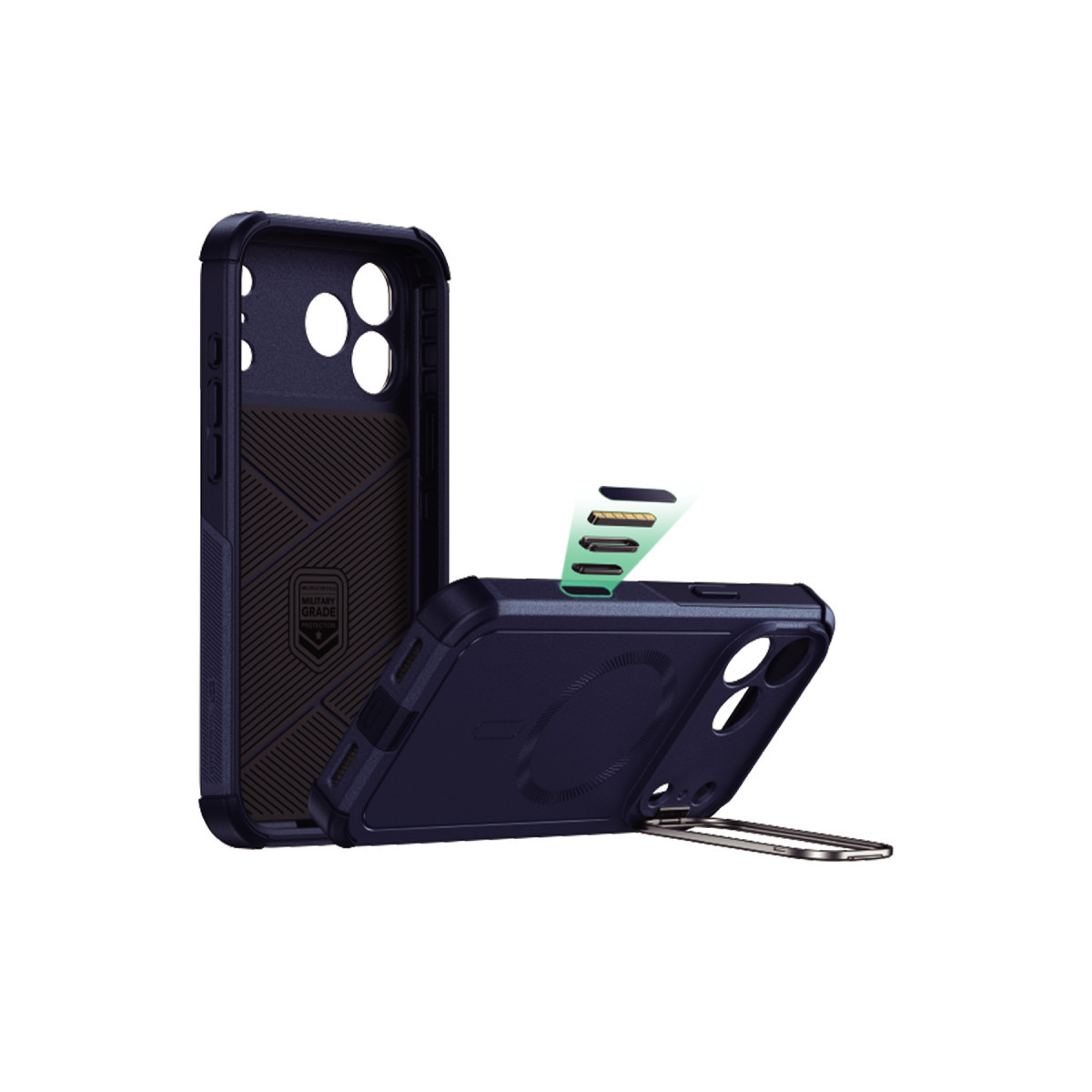 Entegre standlı ve manyetik katmanlı koyu mavi koruyucu telefon kılıfı.