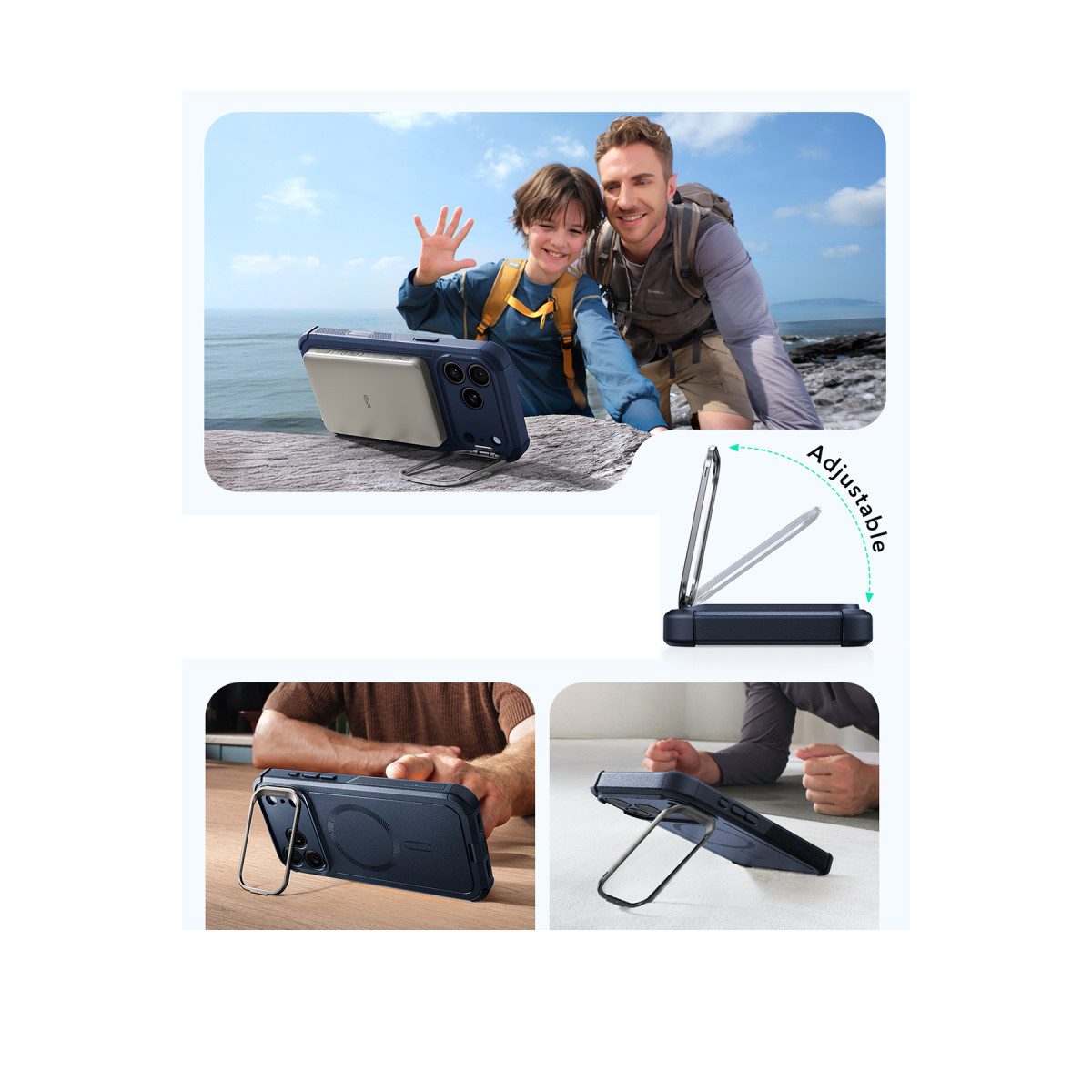Ayarlanabilir metal standlı telefon kılıfı, babayla çocuk eşliğinde dış mekan dahil çeşitli sahnelerde.