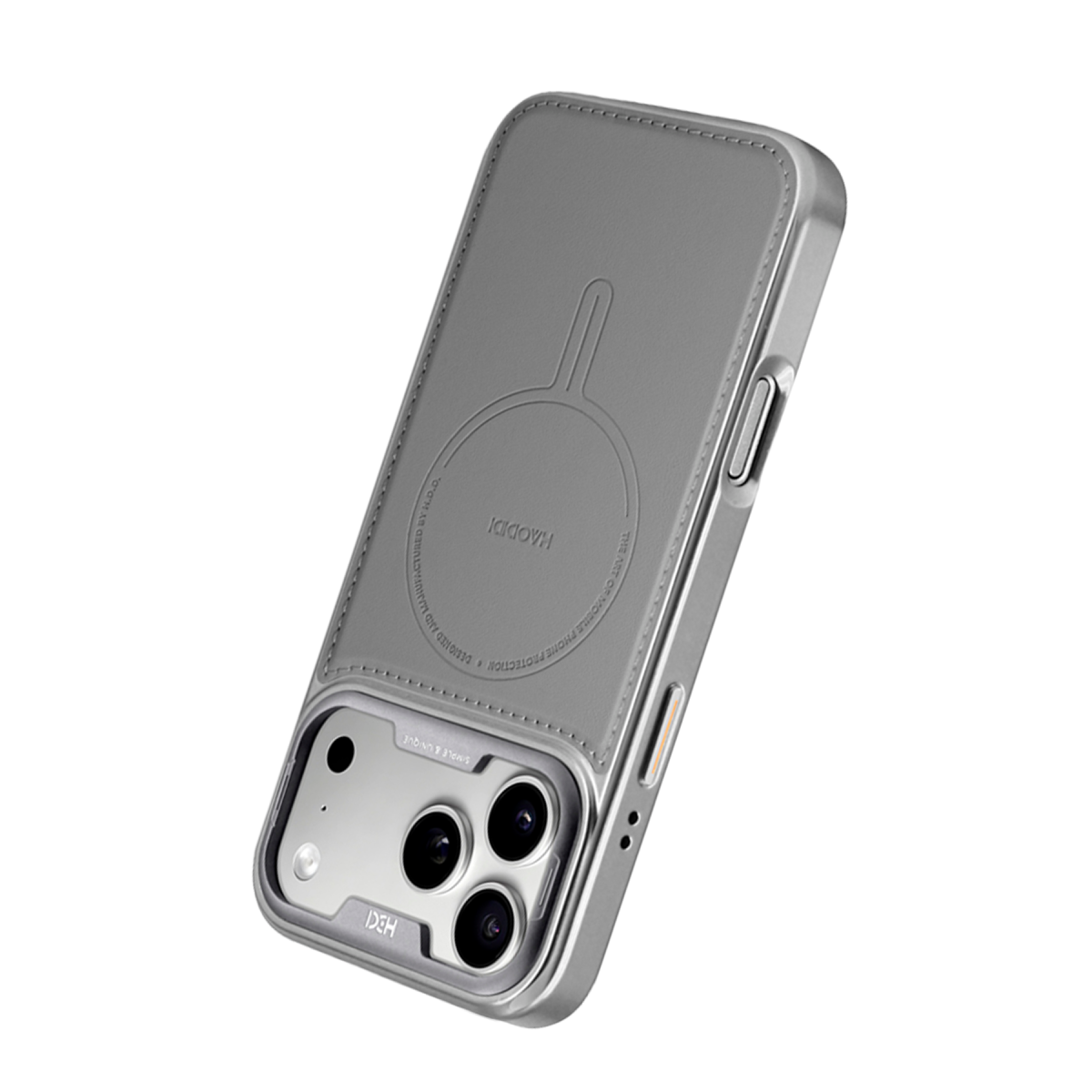 Siyah arka planda MagSafe halkalı ve kamera kesitli gri telefon kılıfı.