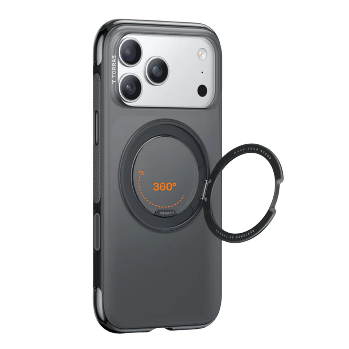 Arka tarafında entegre, katlanabilir 360 derece stand bulunan gri akıllı telefon kılıfı.
