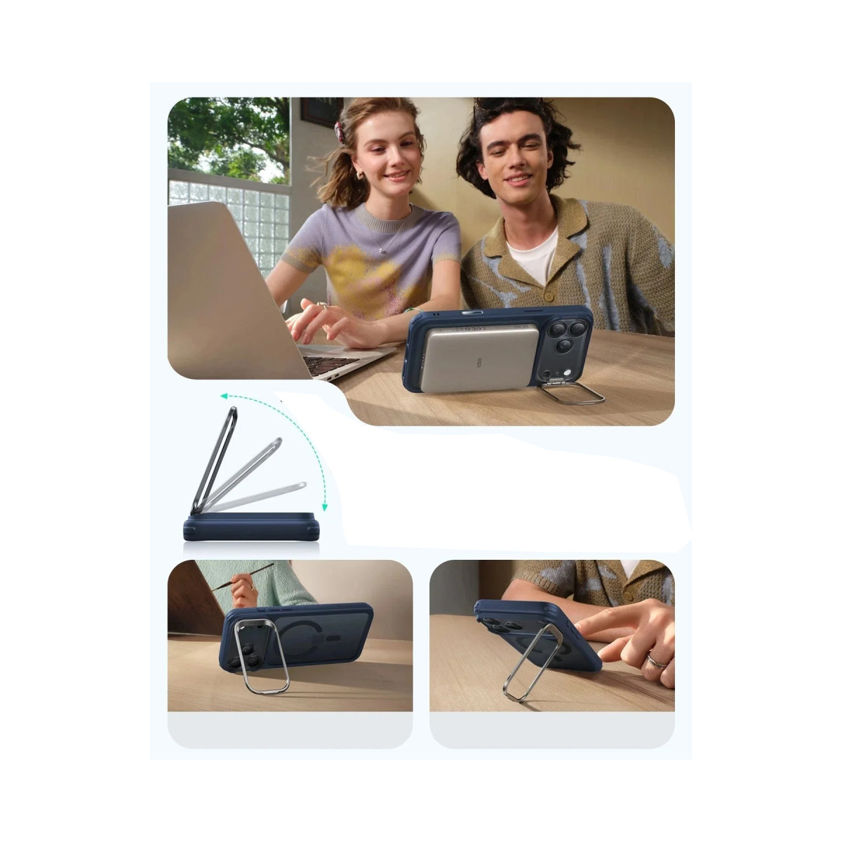 Farklı açılarda ve kullanım alanlarında yerleşik standa sahip bir telefon kılıfı.