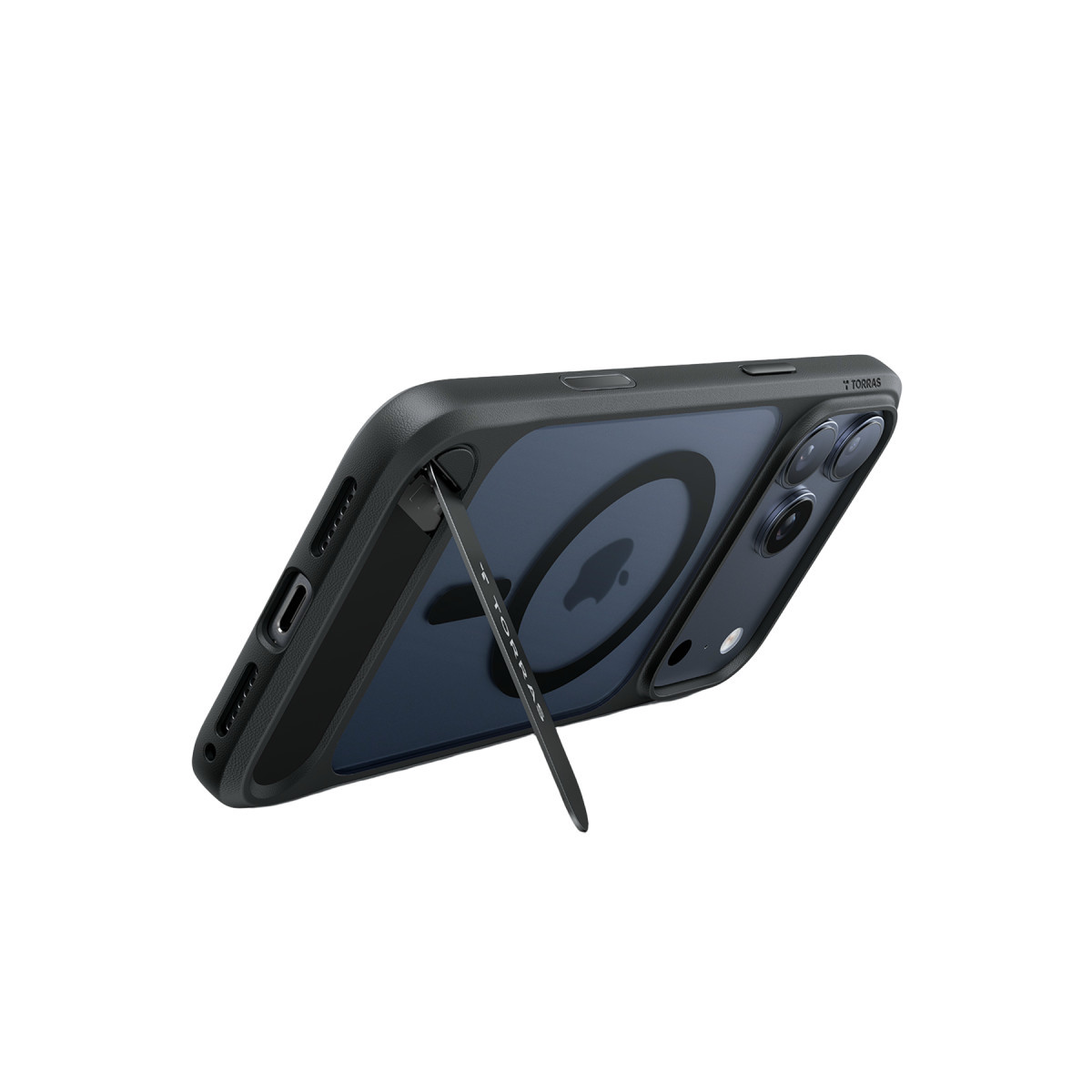 Arkası destek çubuklu koruyucu kılıf içindeki siyah akıllı telefon.