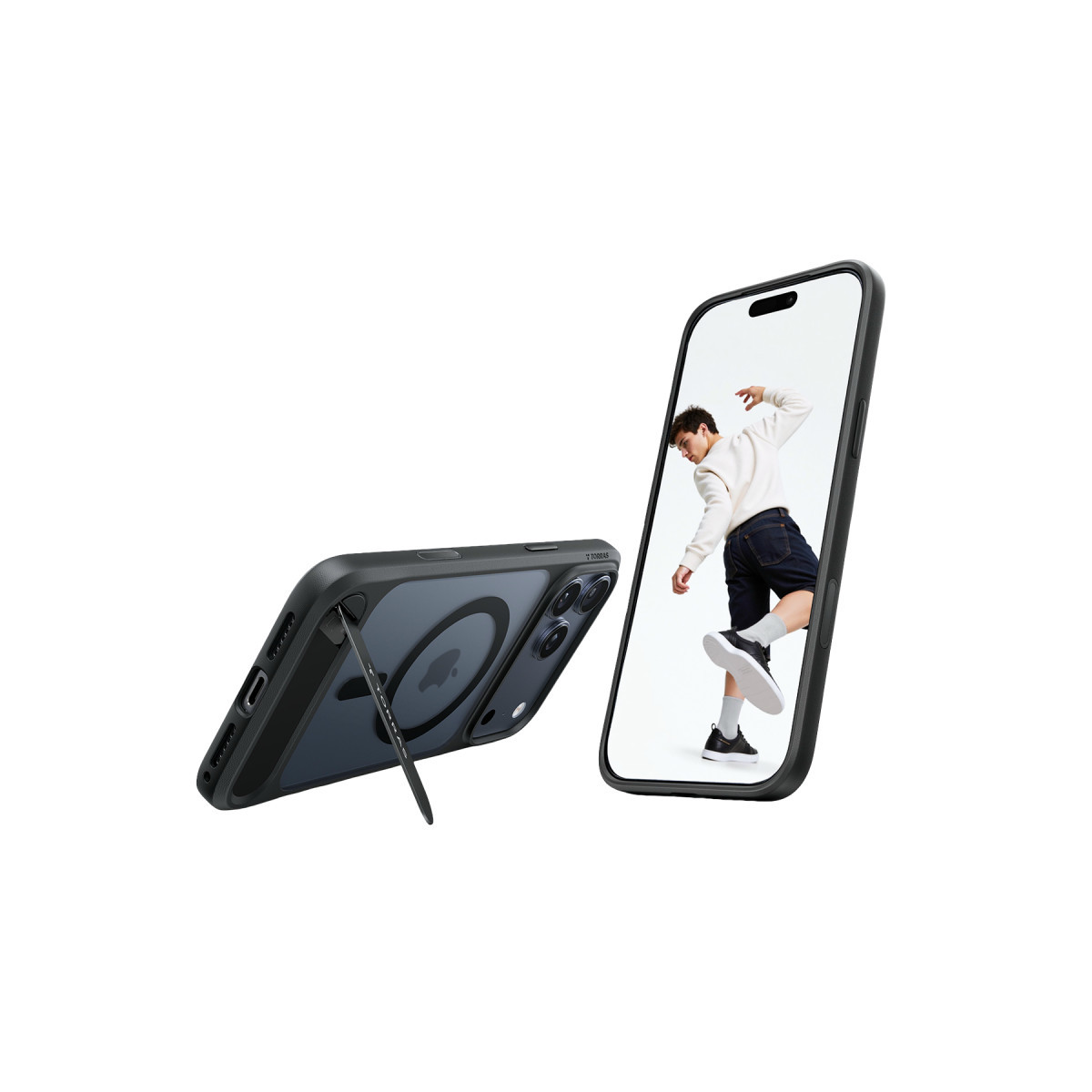 Destek çubuklu siyah kılıflı bir akıllı telefon, arkadan görünümün yanında ekranda dans eden birini gösteriyor.