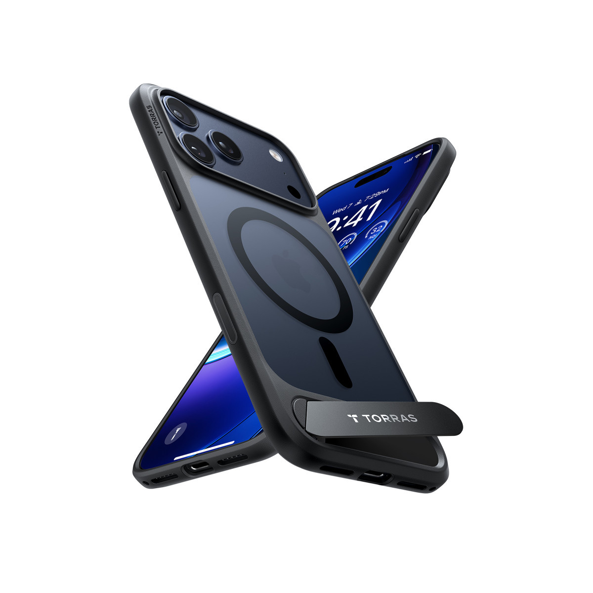 Koruyucu kılıflı ve arkasında açılır stand bulunan iki siyah akıllı telefon.