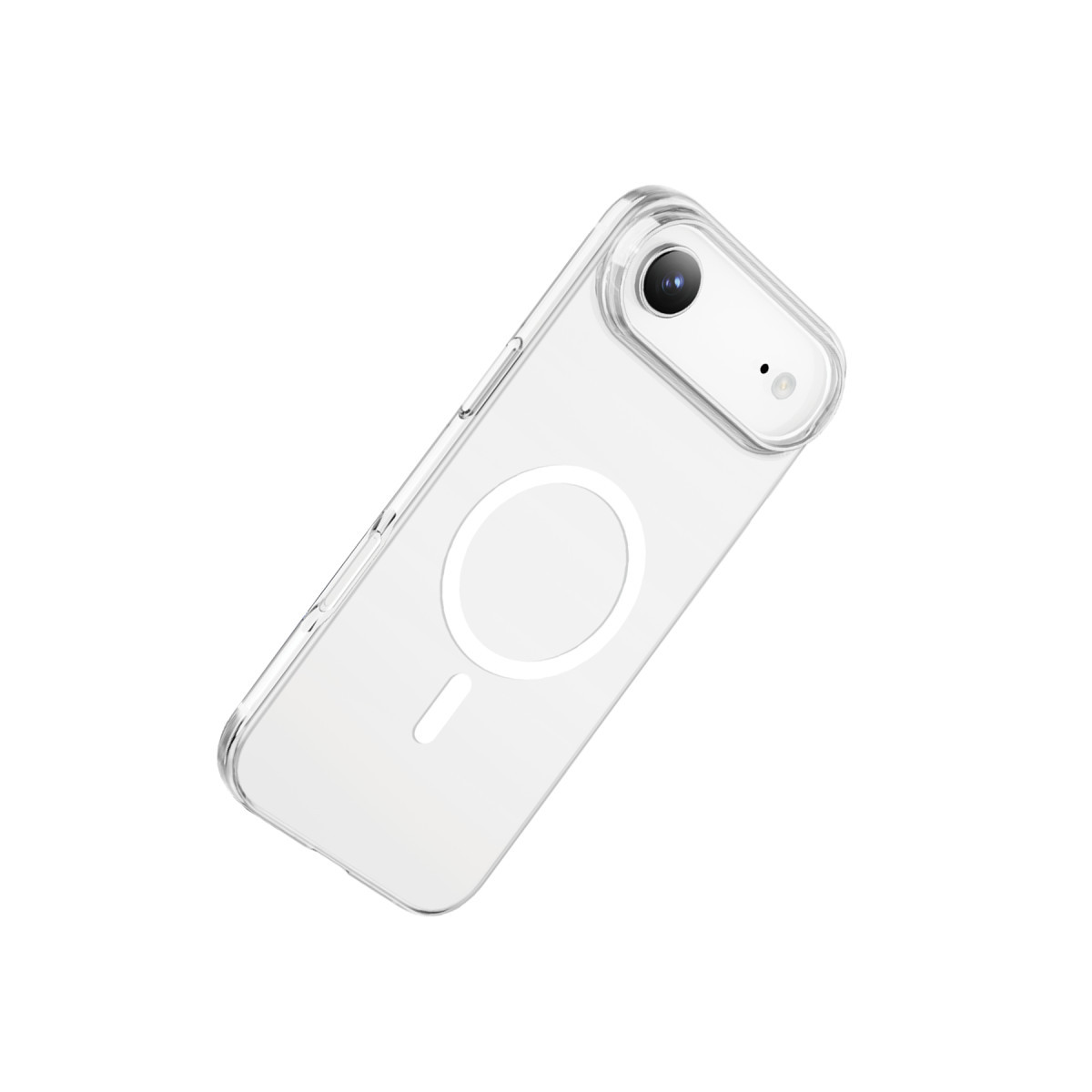 Beyaz arka planda MagSafe halkalı şeffaf akıllı telefon kılıfı.