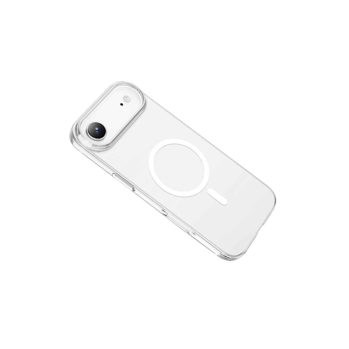 Beyaz arka planda MagSafe halkalı ve kamera kesikli şeffaf telefon kılıfı.
