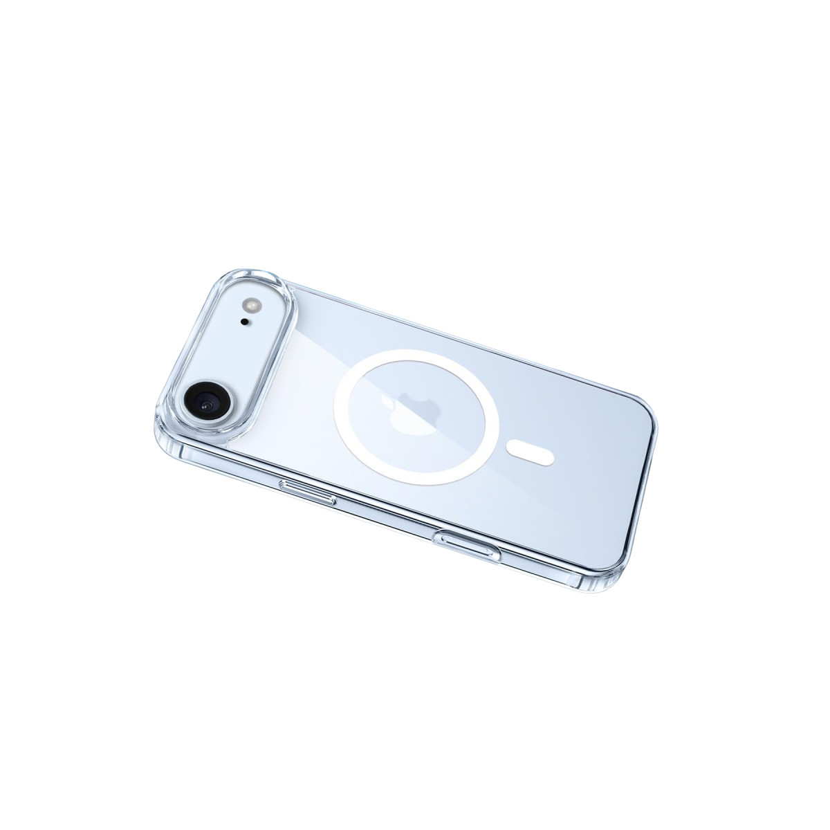 Arkasında MagSafe halkası olan şeffaf telefon kılıfı, beyaz arka planda.