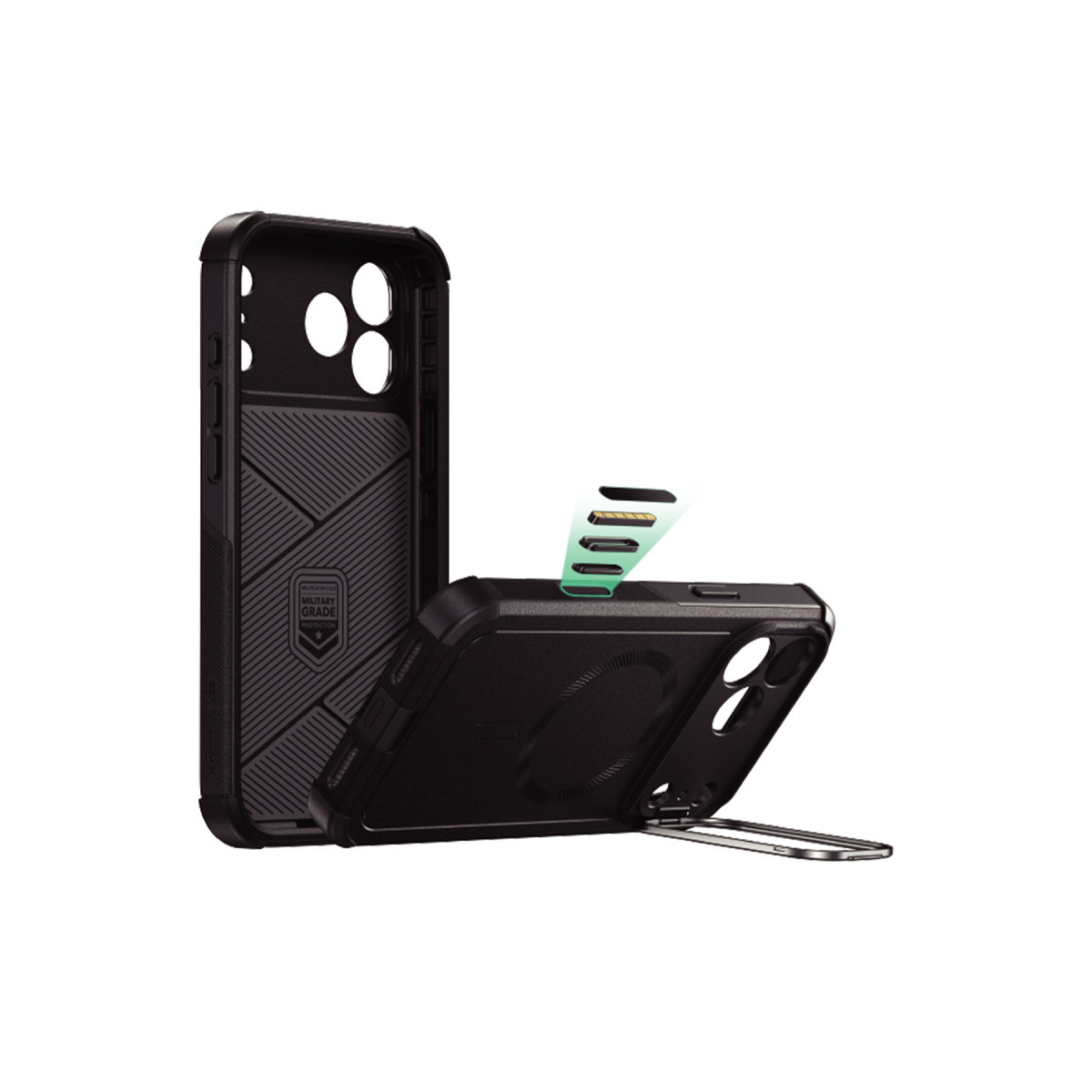 Beyaz arka planda standlı ve manyetik katmanlı iki siyah koruyucu telefon kılıfı.