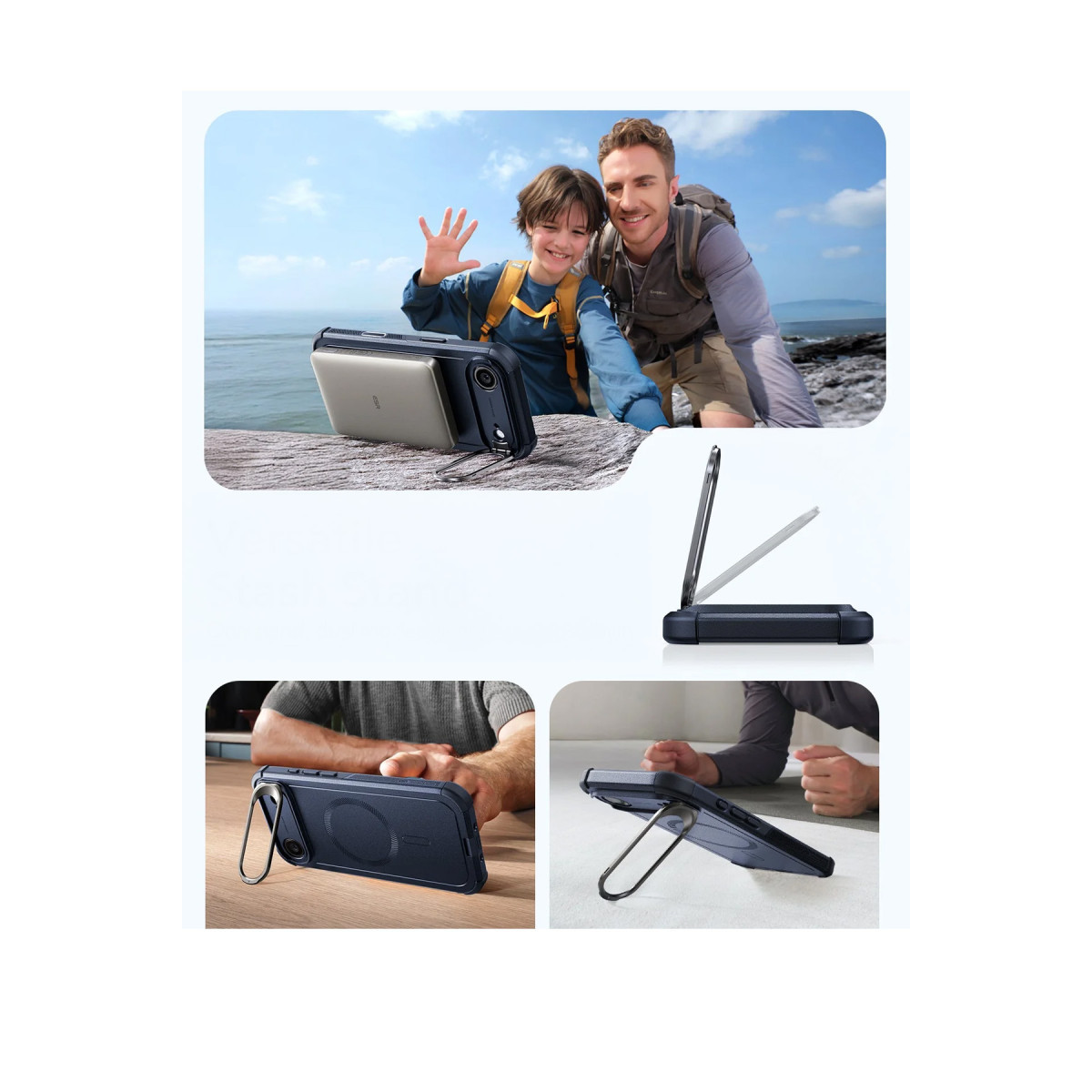 Bir baba ve çocuk, destek halkalı bir akıllı telefonla deniz kenarında.