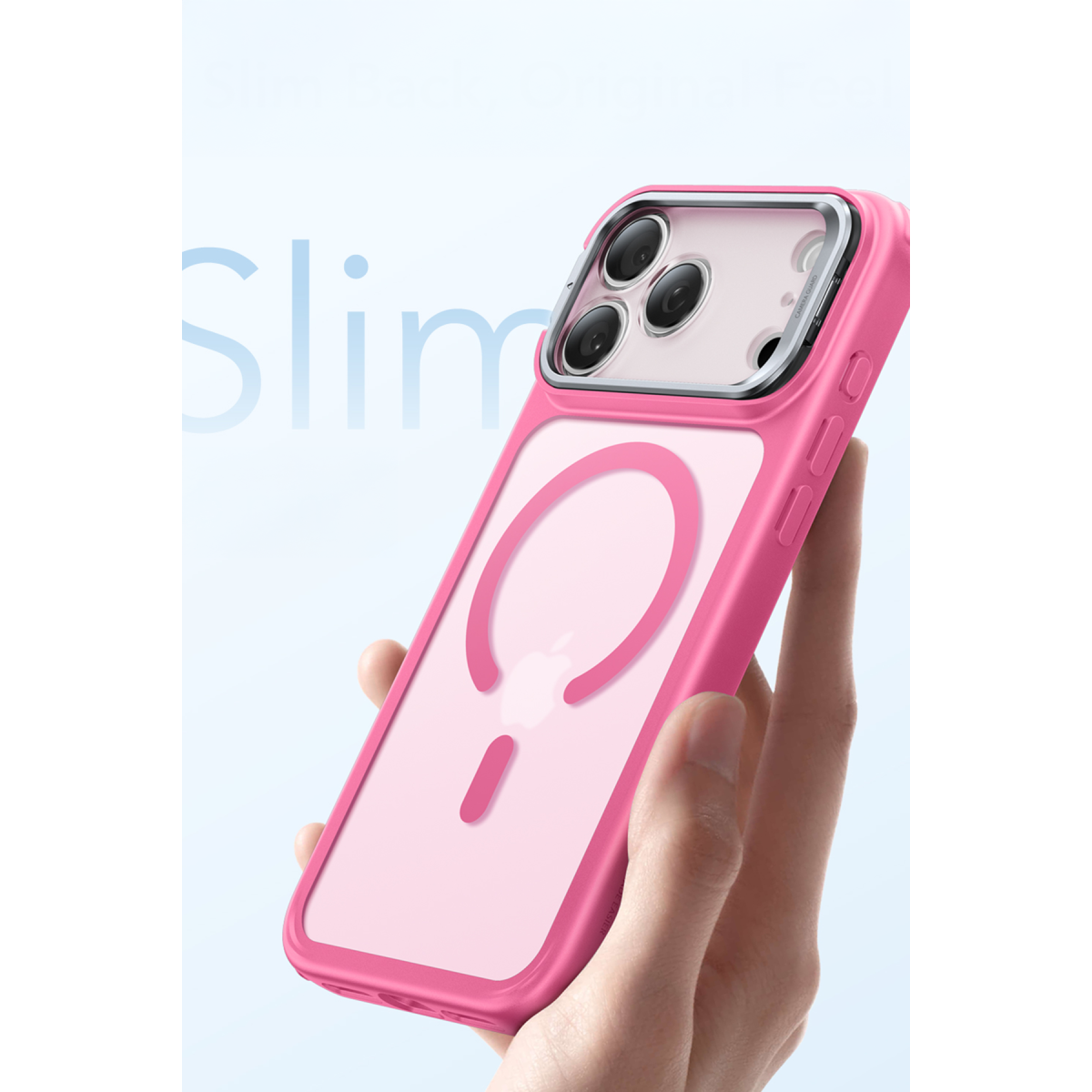 Bir el, MagSafe halkalı koruyucu kılıftaki pembe iPhone'u tutuyor.
