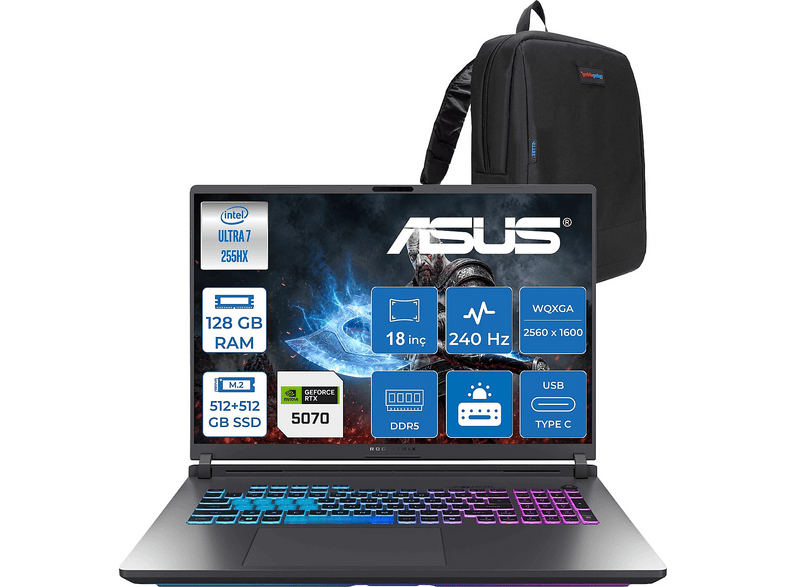 ASUS Rog Strix G18 WS9215P50 Intel Core Ultra 7 255HX 128 GB RAM 512 GB SSD 18 inç FreeDOS Laptop+Çanta Gri