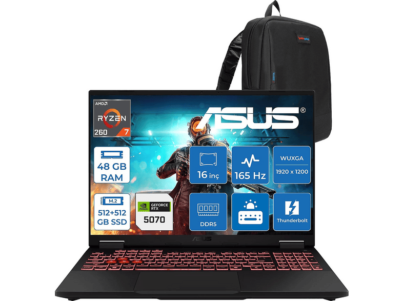 ASUS Tuf Gaming A16 FA608UP WRV199F18 AMD Ryzen 7 260 48 GB RAM 512 GB SSD 16 inç FreeDOS Laptop+Çanta Gri