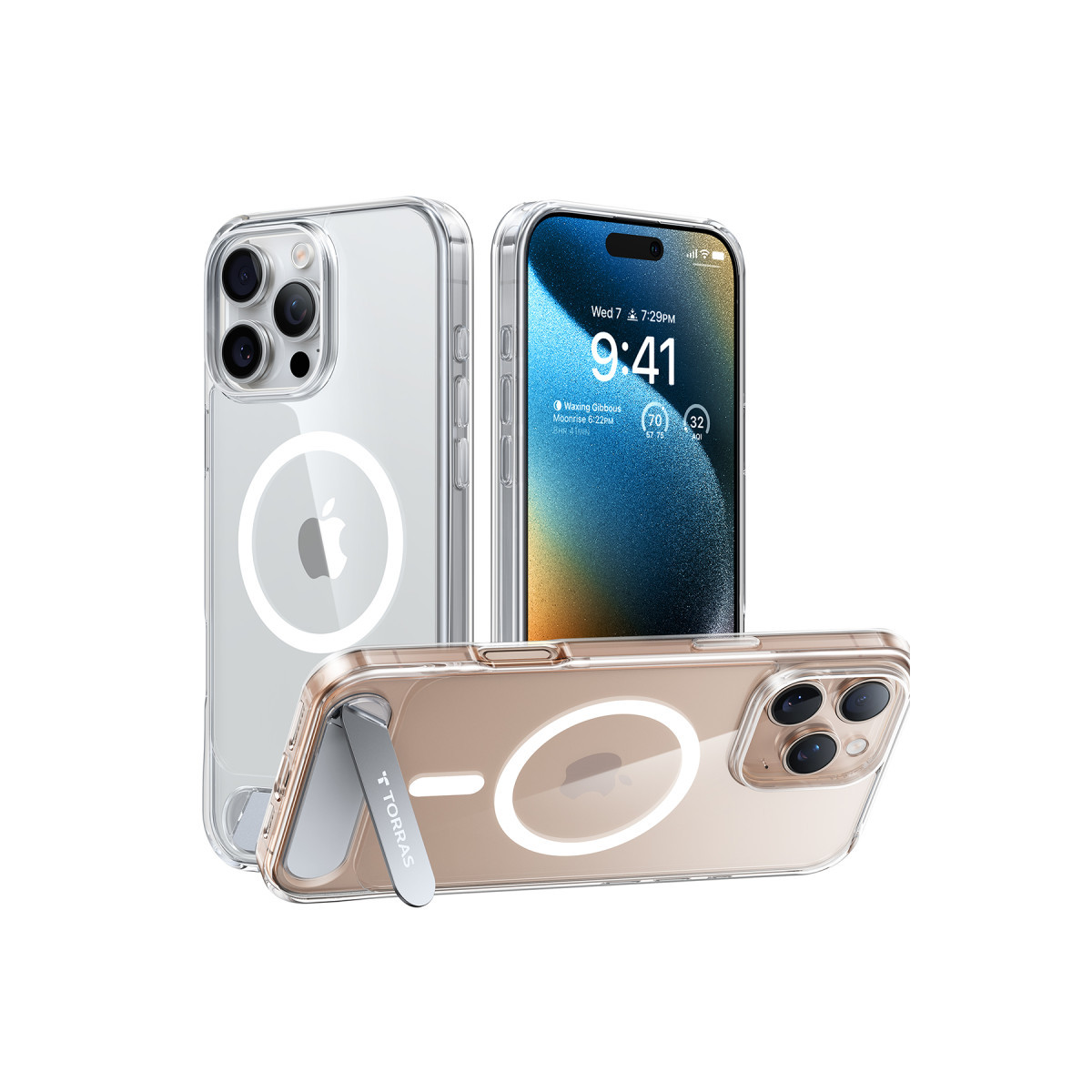 Beyaz arka planda MagSafe ve katlanabilir stand özellikli şeffaf kılıflar içerisindeki üç adet iPhone.