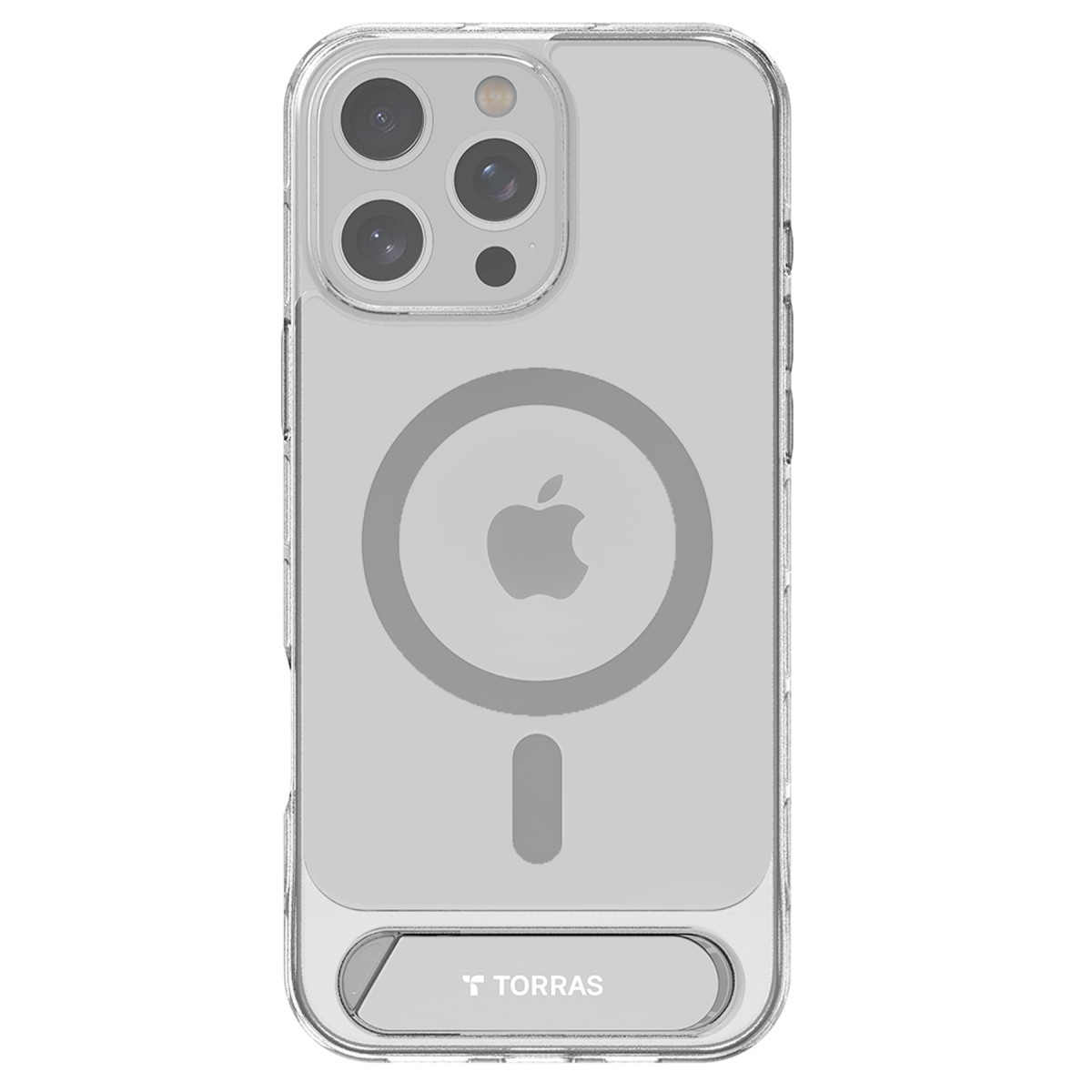 MagSafe halkalı ve entegre Torras standlı şeffaf iPhone kılıfı.