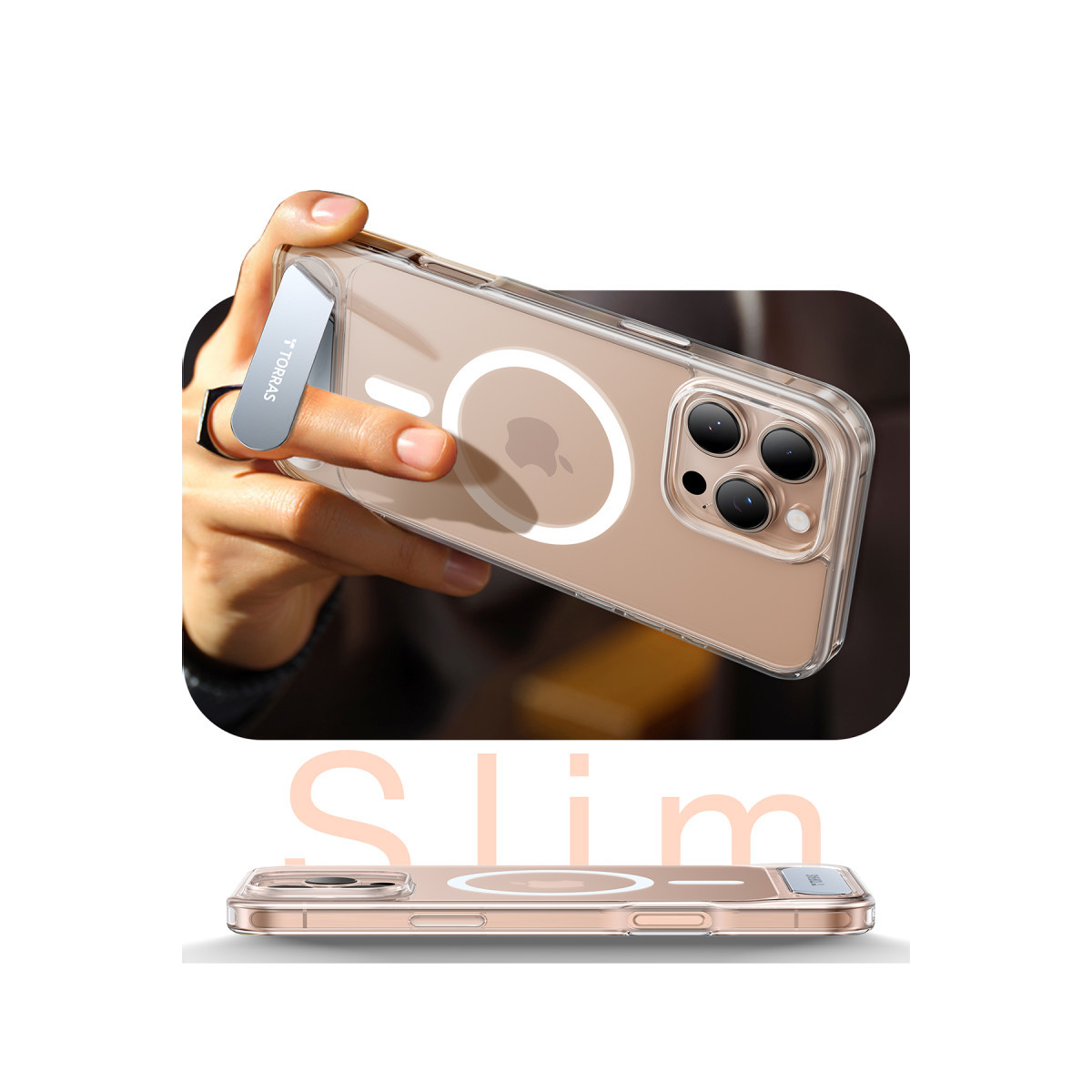 Elde şeffaf kılıflı ve halka standlı iPhone, altında Slim yazısı.