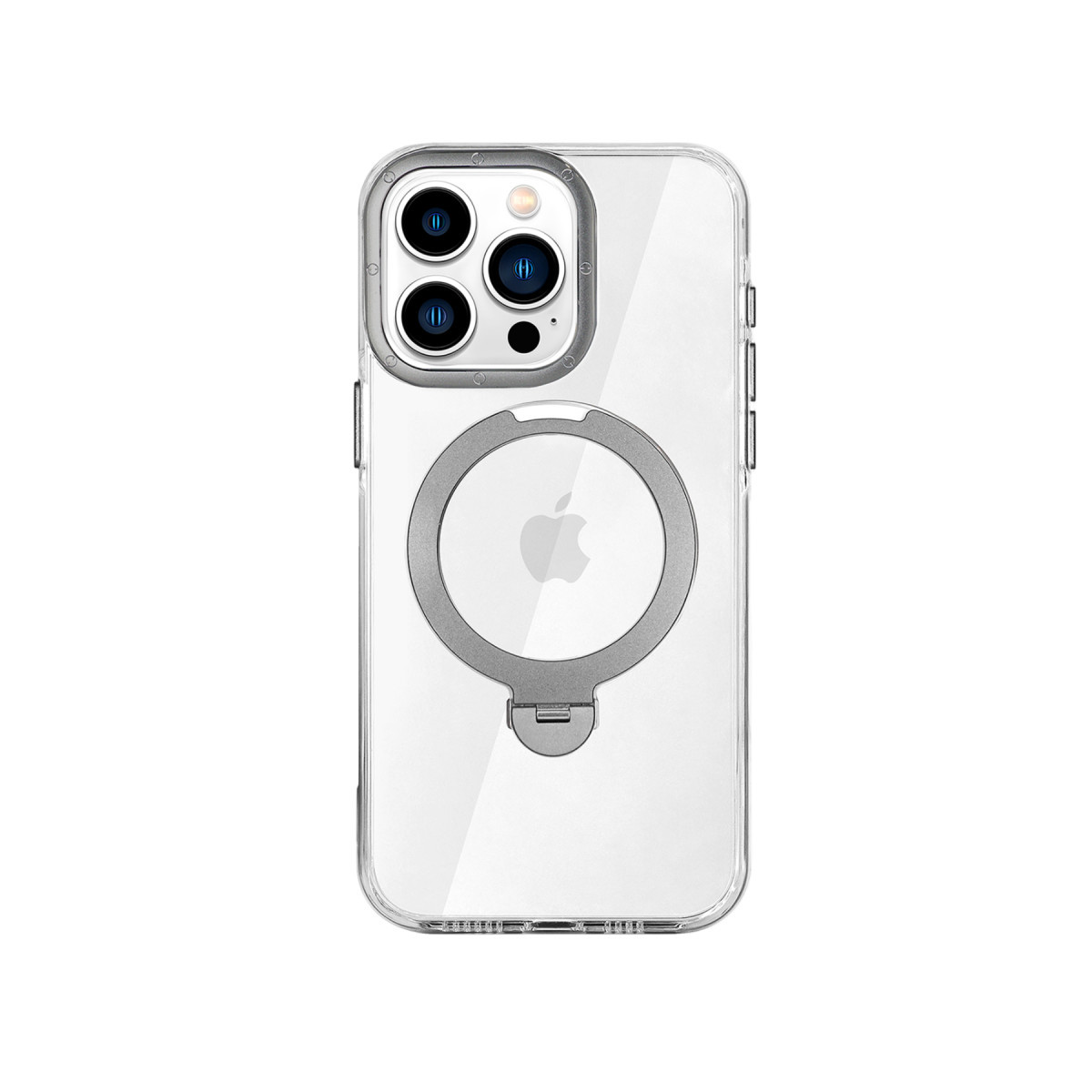 Arkada gümüş rengi manyetik halka standına sahip şeffaf bir iPhone kılıfı.