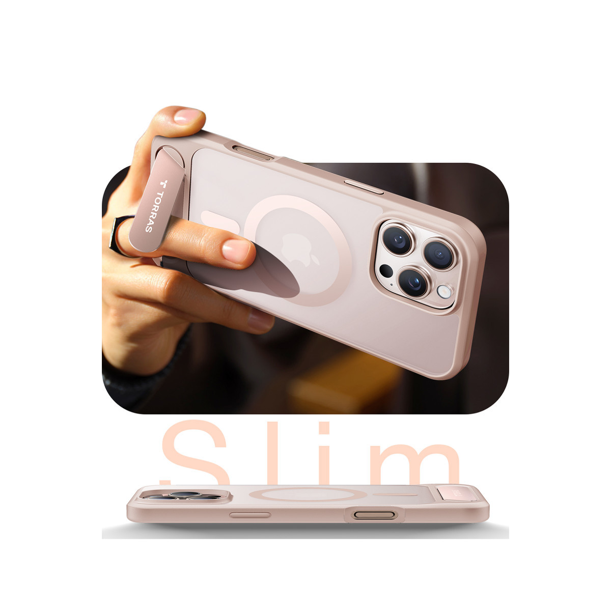 Bir el, kılıflı ve entegre standlı pembe iPhone tutuyor, altta ince profili görünüyor.