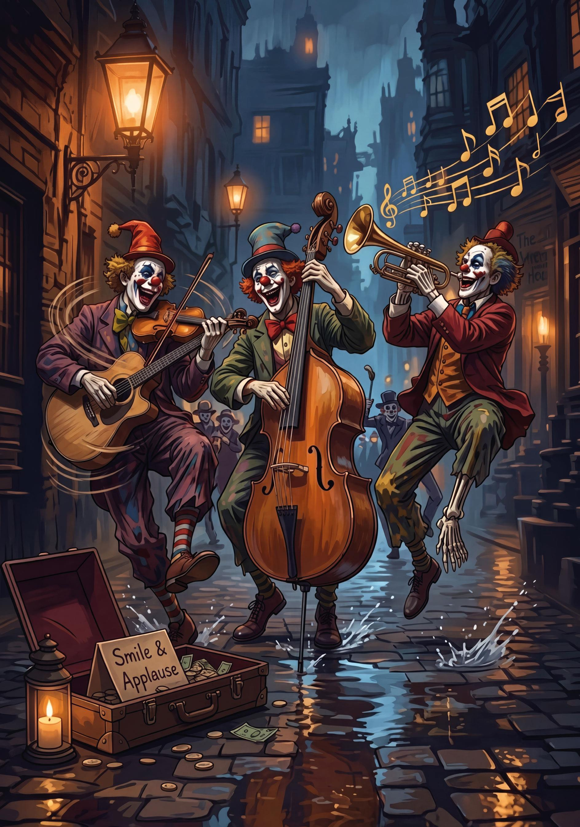 Üç palyaço ıslak gece sokağında açık bahşiş kutusuyla müzik çalıyor.
