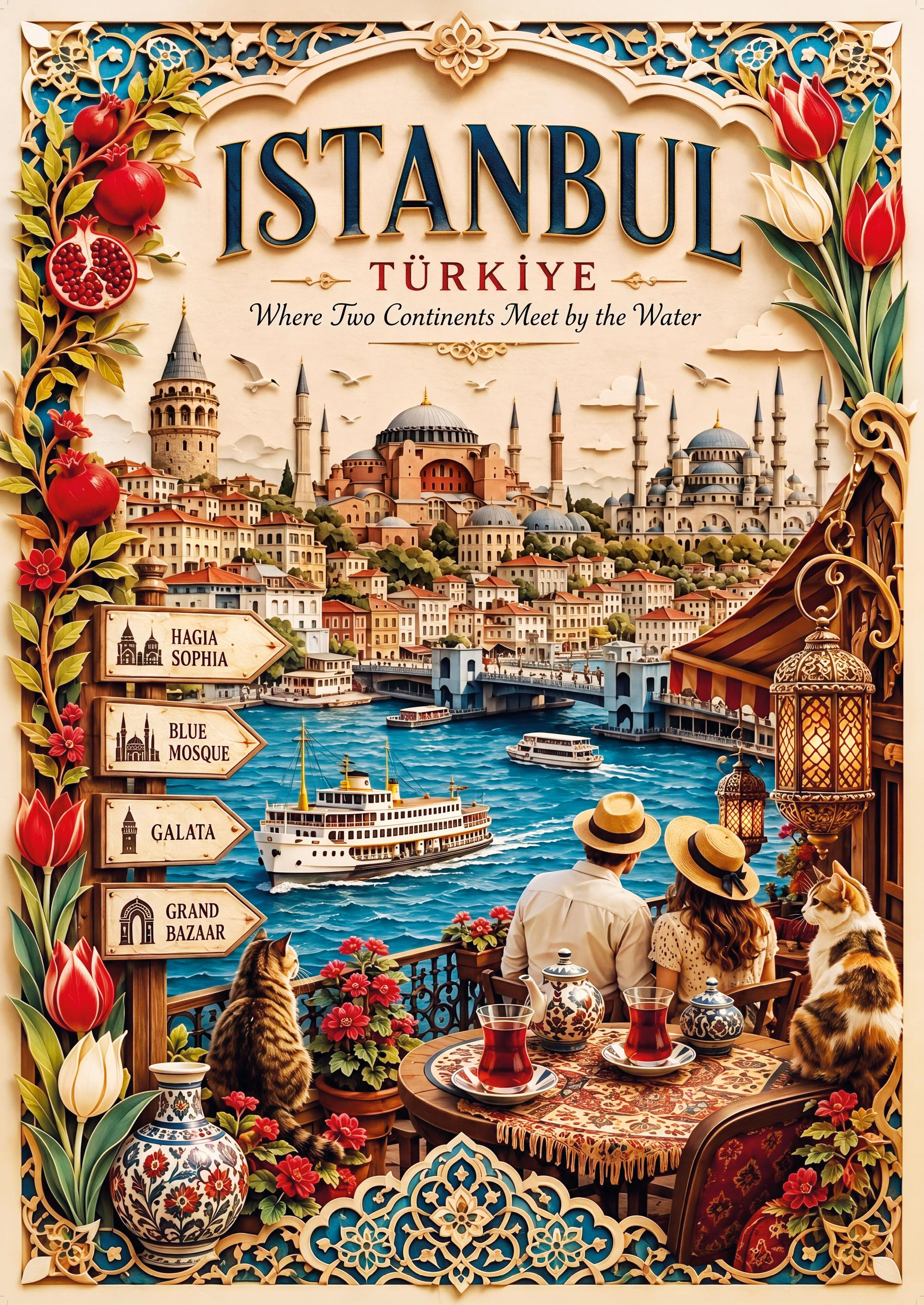 İstanbul'da bir terasta oturan çift, Boğaziçi'ni ve tarihi camileri iki kediyse izliyor.