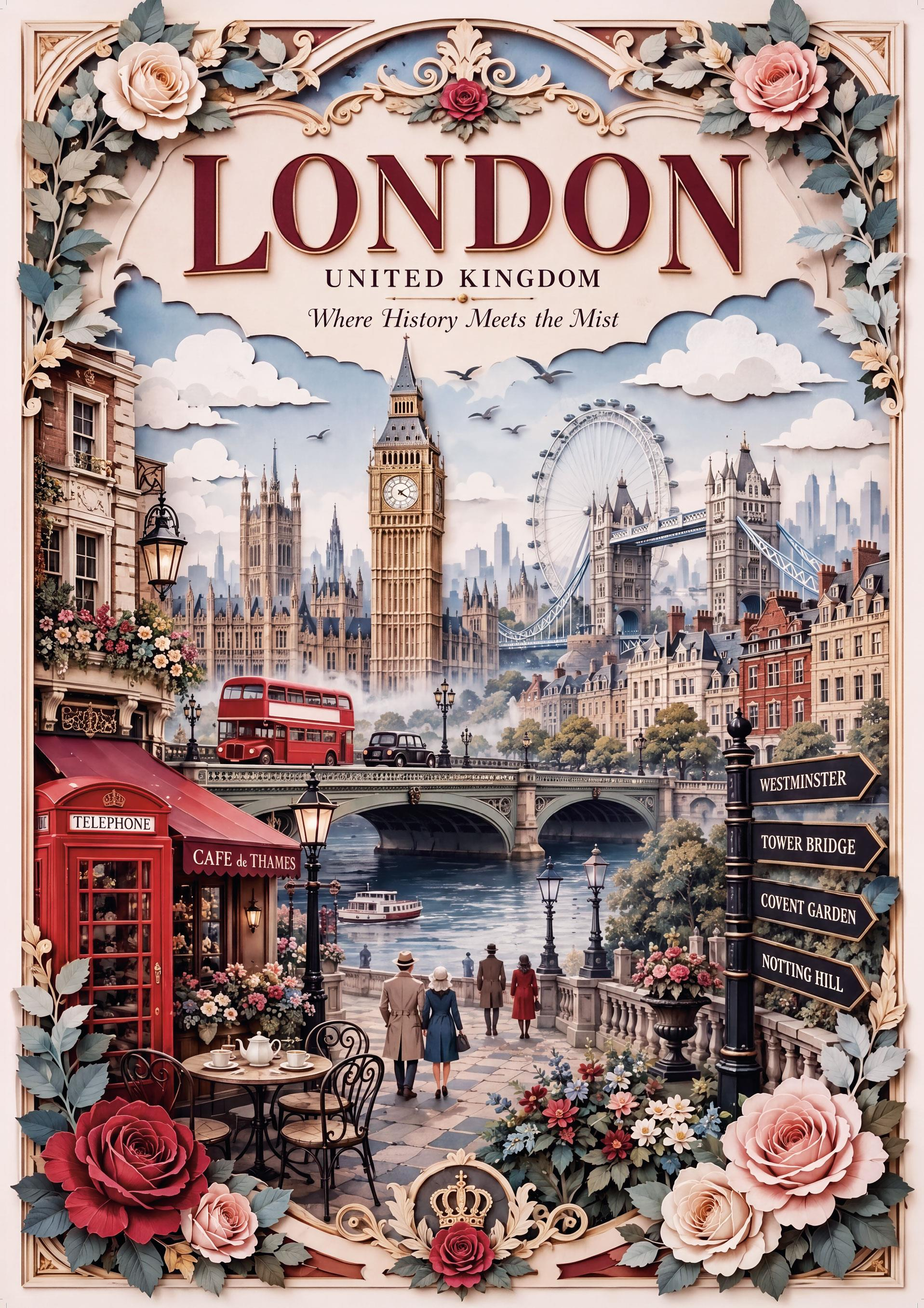 Big Ben, kırmızı otobüs, Thames Nehri ve gül süslemeli Londra posteri.