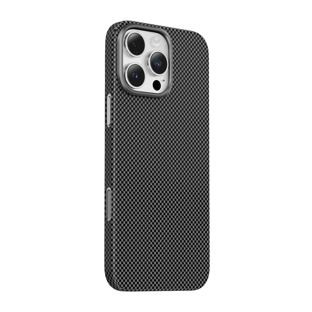 Siyah arka planda siyah ve gri karbon fiber desenli kılıf içinde bir akıllı telefon.