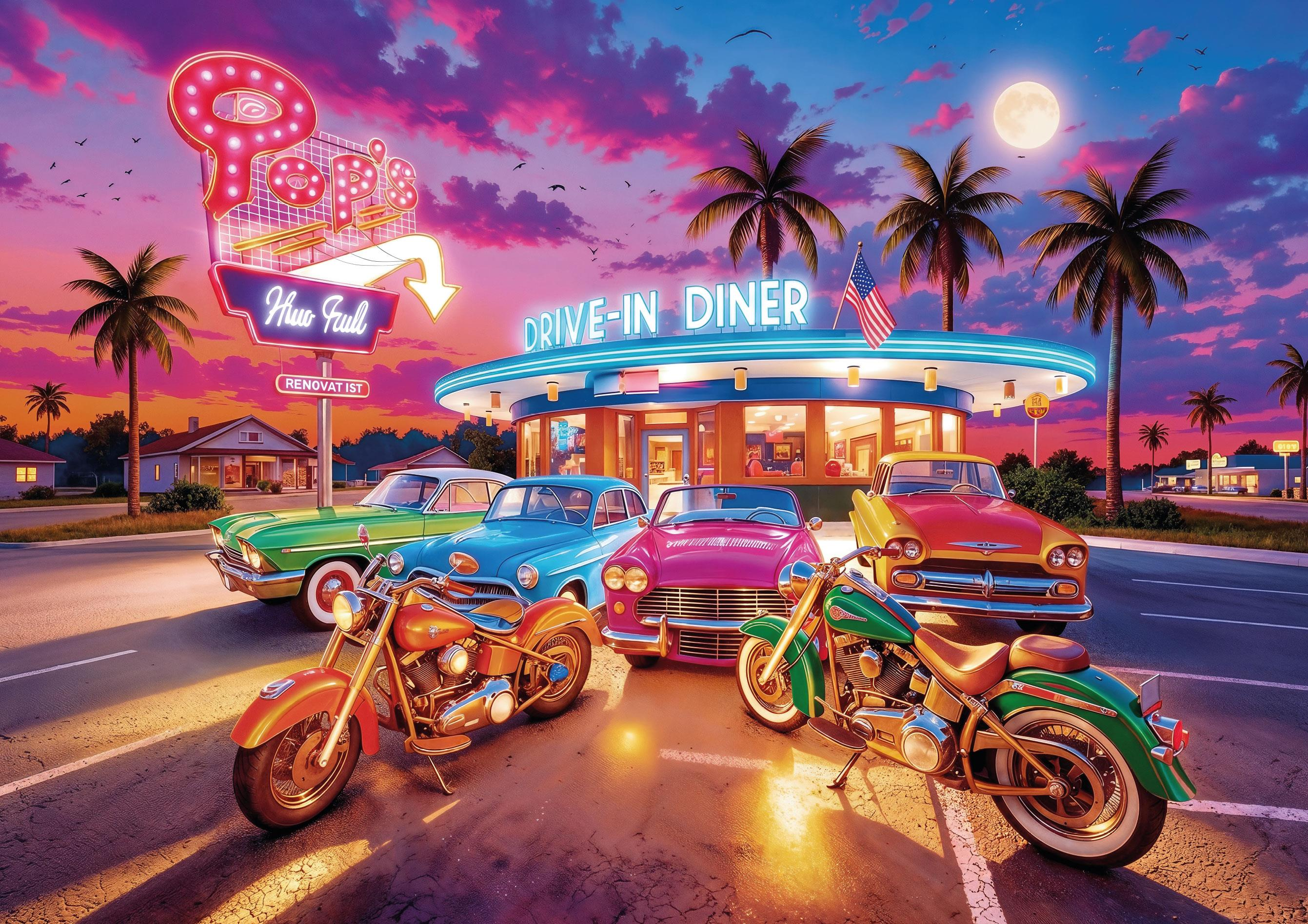 Palmiye ağaçları altında neon aydınlatmalı retro bir lokantanın önünde park etmiş renkli klasik arabalar ve motosikletler.