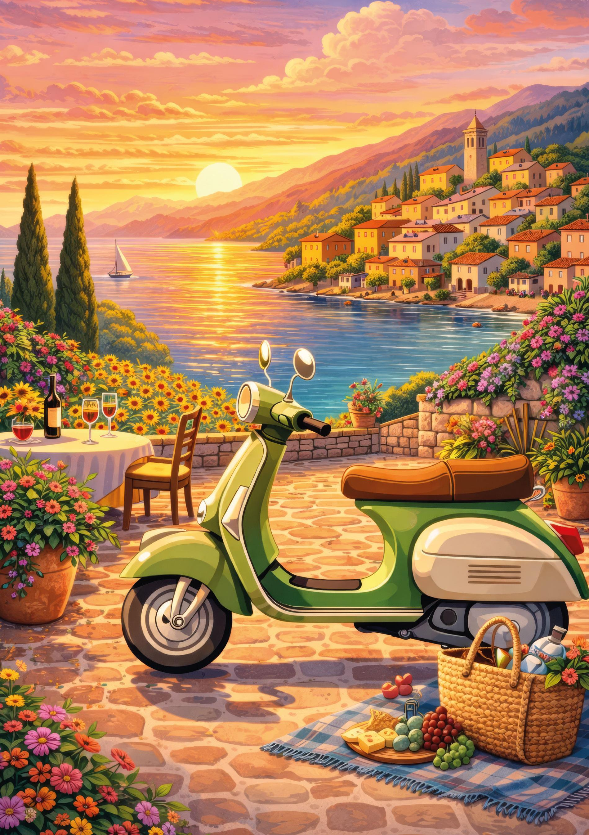 Gün batımında denize bakan güneşli bir İtalyan sahil terasındapark edilmiş yeşil bir scooter.