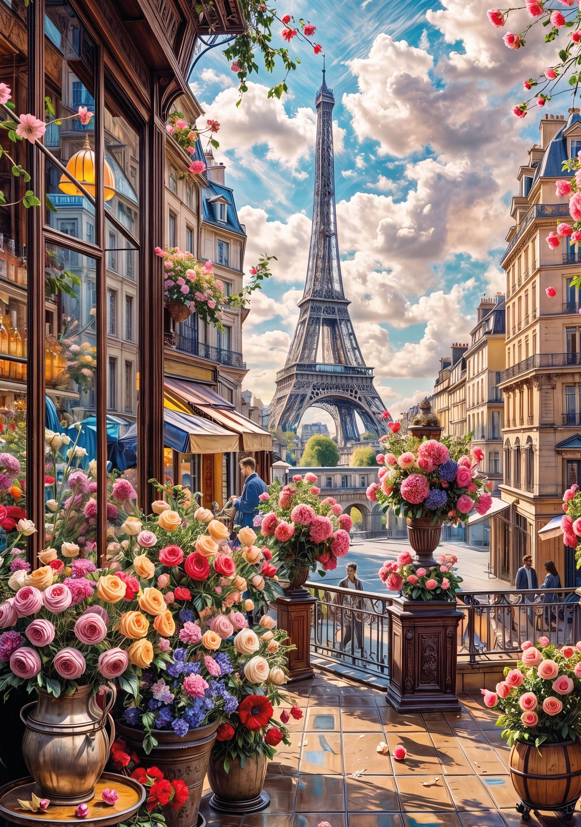 Ön planda pembe ve sarı çiçekler, arka planda Eyfel Kulesi ile Paris sokak manzarası.