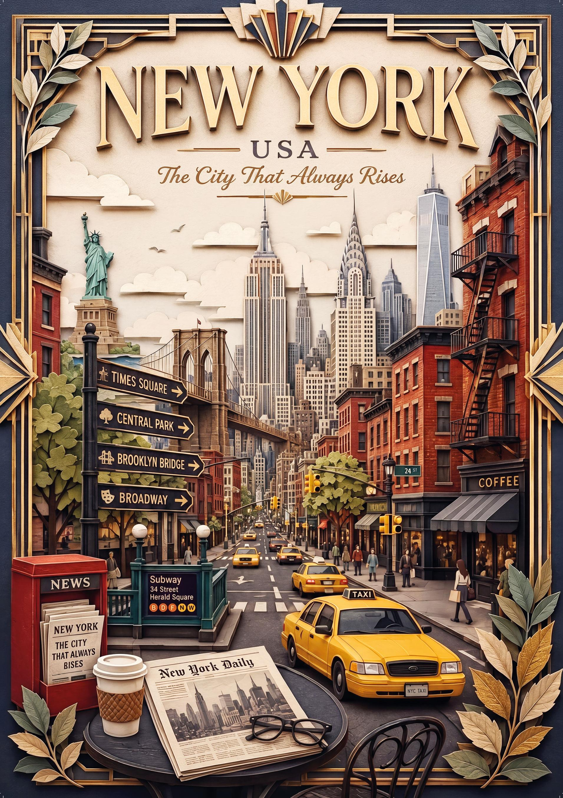 Silüeti, taksileri, sokak tabelaları ve Özgürlük Heykeli ile New York kağıt sanat illüstrasyonu.