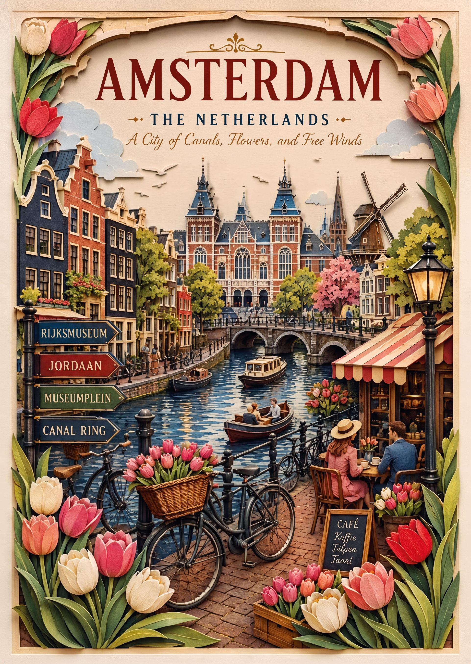 Kanalları, tarihi binaları, bisikletleri ve kırmızı-beyaz laleleriyle Amsterdam kağıt sanat posteri.